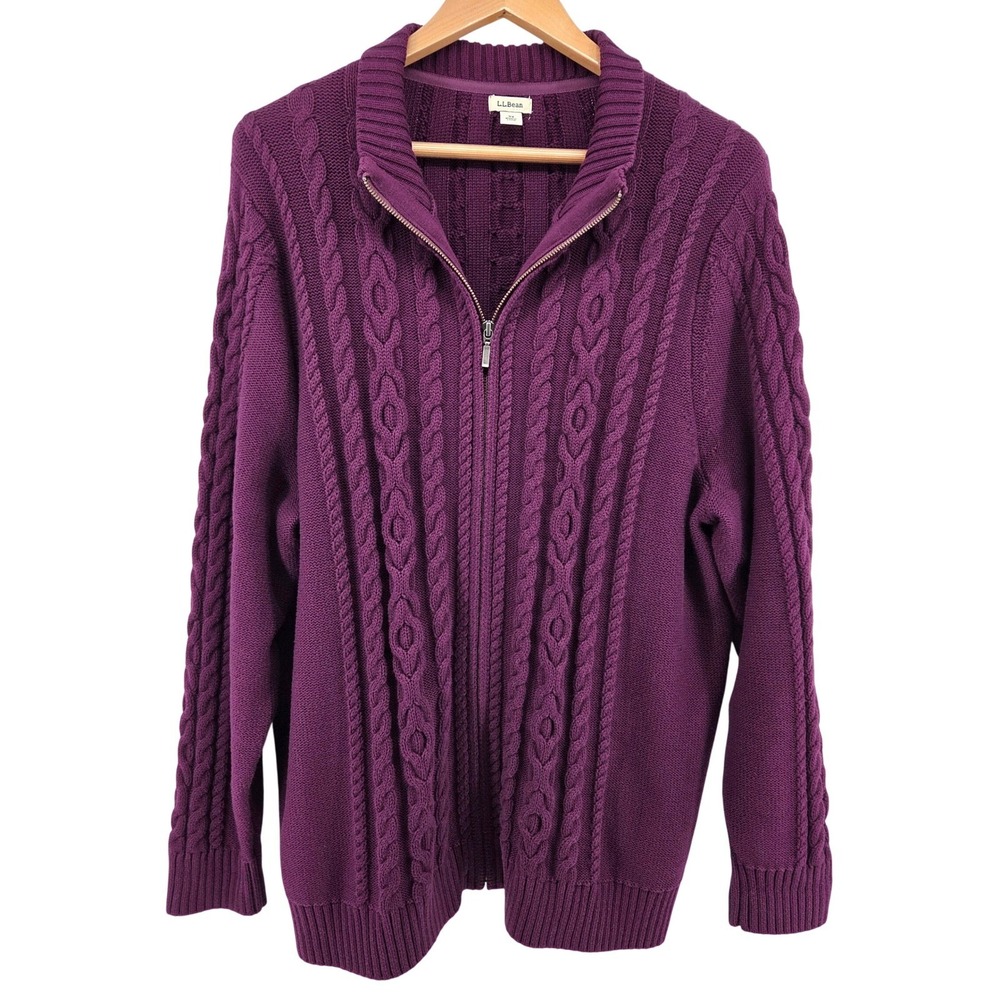 LLBean Womens 3X Purple‎ Cable Knit Full Zip Cardigan Sweater Cotton
